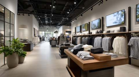 A row of digital signs running on digital signage devices in a modern clothing store displaying promotions.