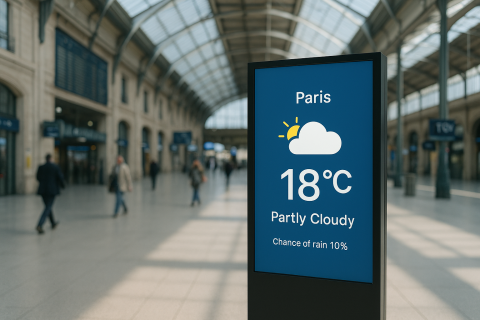 A digital sign displaying a full screen digital signage widget in a busy train station.