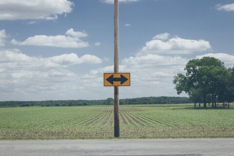 A yellow and black arrow sign indicating dections on a post next to a road by a green agricultural field.