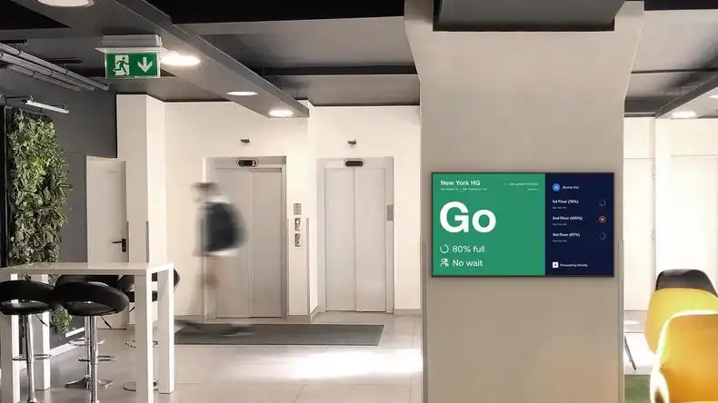 Density people counter data on a green background on a Screenly sign.