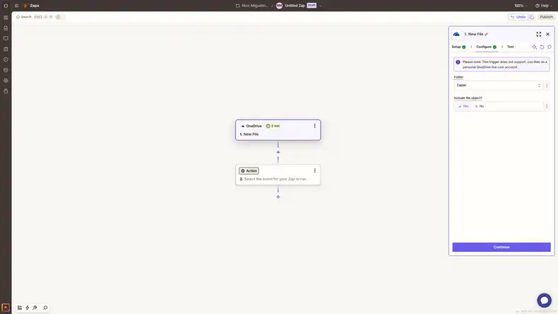 The OneDrive configuration stage in Zapier.