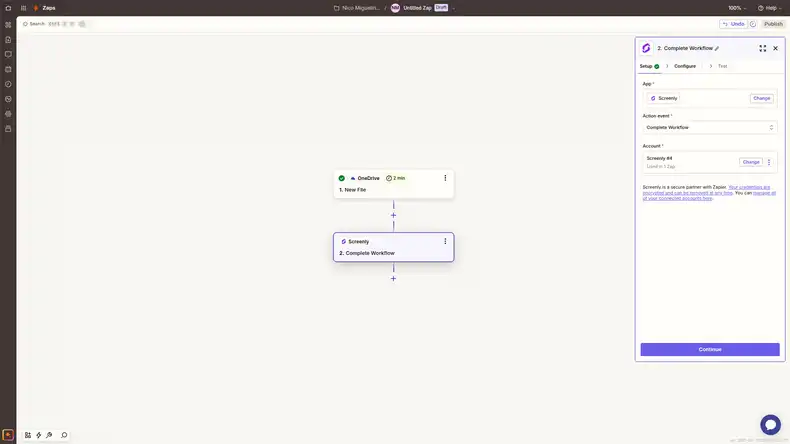 The OneDrive-Zapier Screenly Action set up stage.