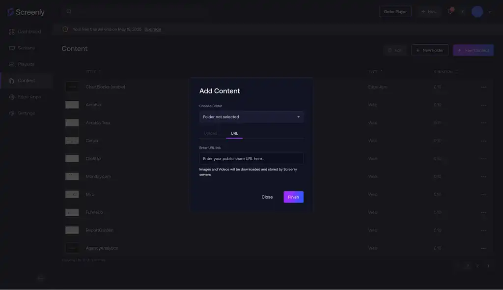 Adding content in the Screenly interface.