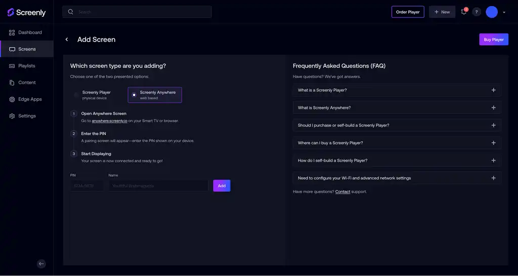 Adding a screen in the Screenly interface.